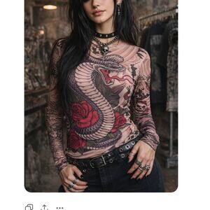 Vintage Miami Ink Skull Snake Tattoo Micro Mesh Top Long Sleeve Size S Mall Goth